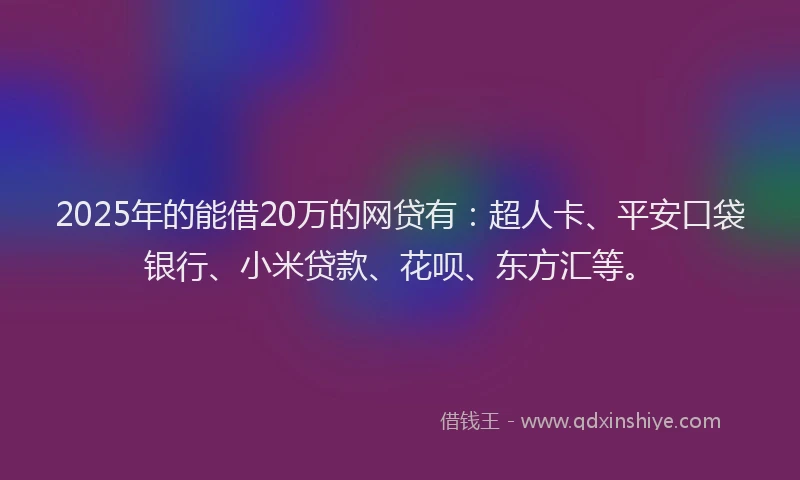 2025年的能借20万的网贷有：超人卡、平安口袋银行、小米贷款、花呗、东方汇等。