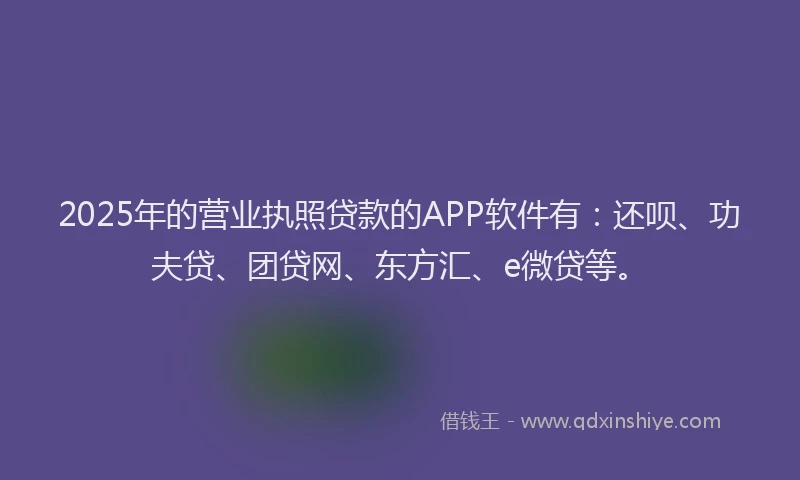 2025年的营业执照贷款的APP软件有：还呗、功夫贷、团贷网、东方汇、e微贷等。
