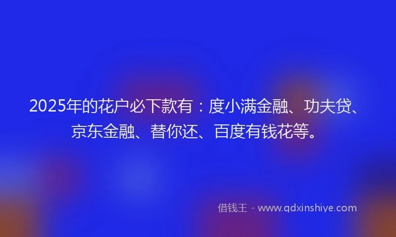 2025年的花户必下款有：度小满金融、功夫贷、京东金融、替你还、百度有钱花等。