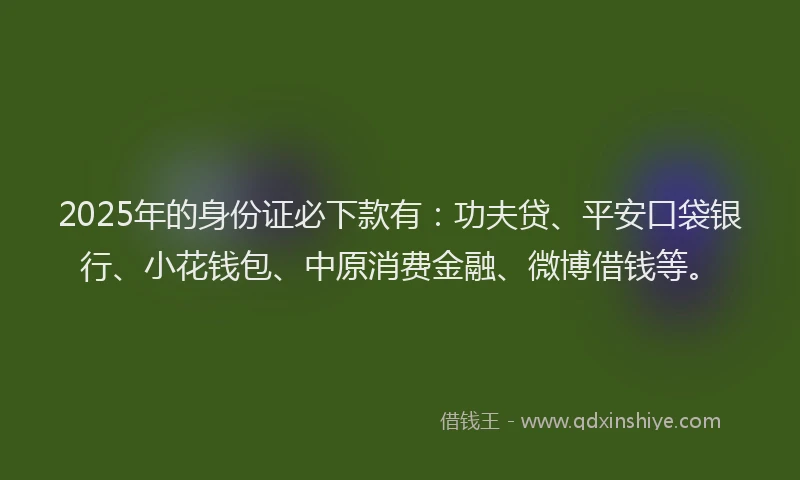 2025年的身份证必下款有：功夫贷、平安口袋银行、小花钱包、中原消费金融、微博借钱等。