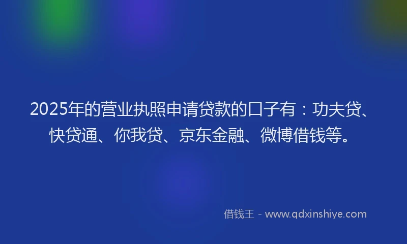 2025年的营业执照申请贷款的口子有：功夫贷、快贷通、你我贷、京东金融、微博借钱等。