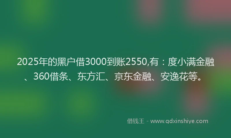 2025年的黑户借3000到账2550,有：度小满金融、360借条、东方汇、京东金融、安逸花等。