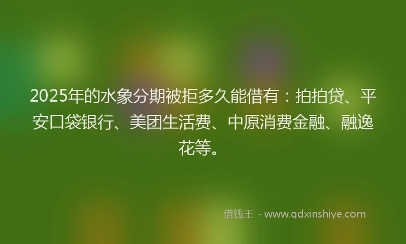 2025年的水象分期被拒多久能借有：拍拍贷、平安口袋银行、美团生活费、中原消费金融、融逸花等。