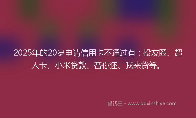 2025年的20岁申请信用卡不通过有：投友圈、超人卡、小米贷款、替你还、我来贷等。