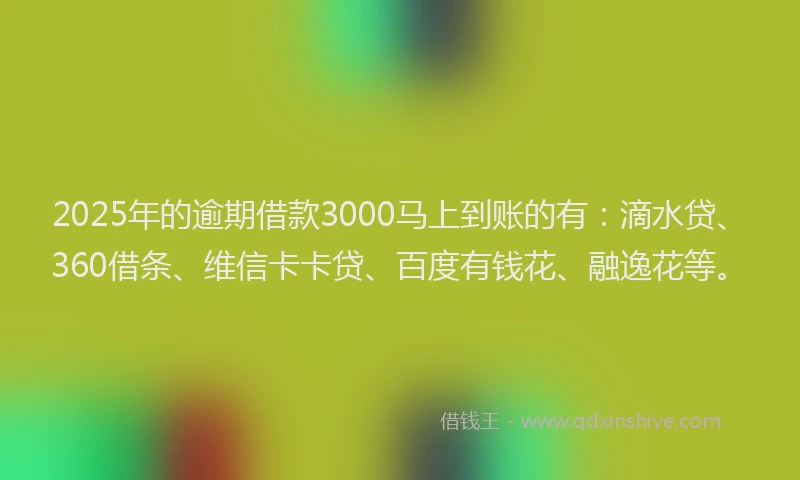 2025年的逾期借款3000马上到账的有：滴水贷、360借条、维信卡卡贷、百度有钱花、融逸花等。