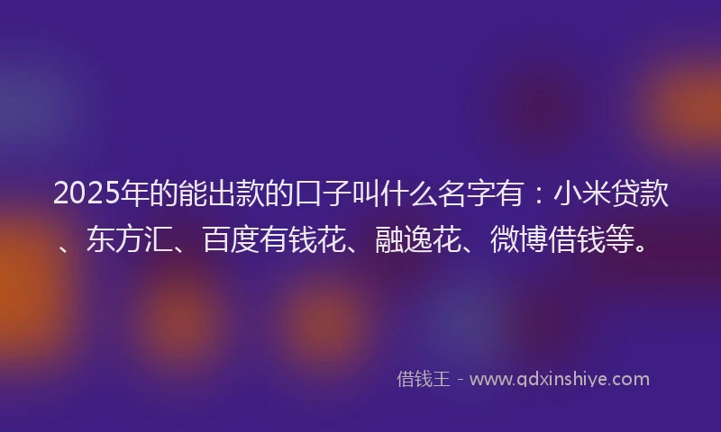 2025年的能出款的口子叫什么名字有：小米贷款、东方汇、百度有钱花、融逸花、微博借钱等。