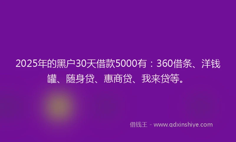 2025年的黑户30天借款5000有：360借条、洋钱罐、随身贷、惠商贷、我来贷等。