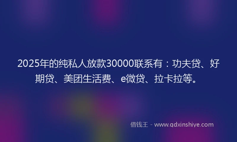 2025年的纯私人放款30000联系有：功夫贷、好期贷、美团生活费、e微贷、拉卡拉等。