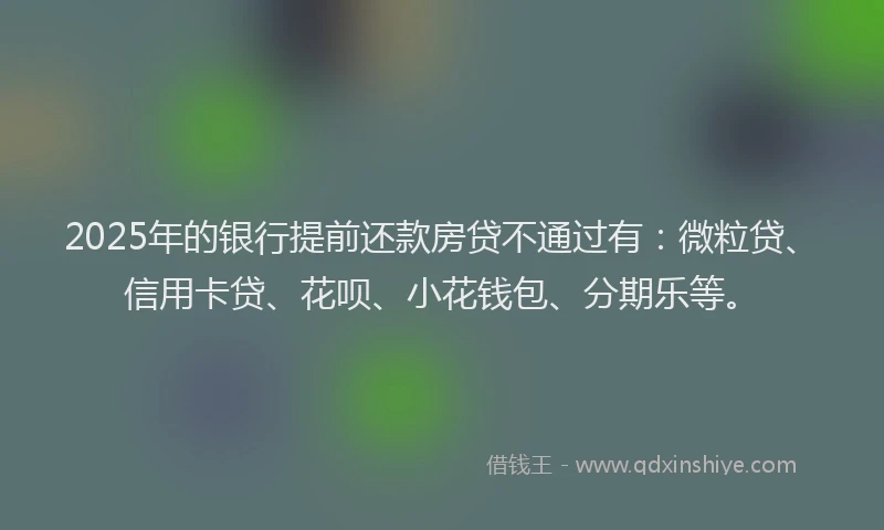 2025年的银行提前还款房贷不通过有：微粒贷、信用卡贷、花呗、小花钱包、分期乐等。