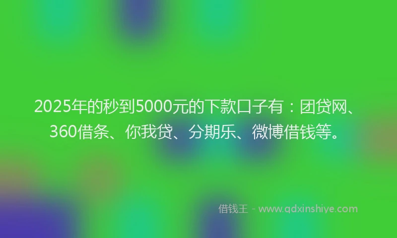 2025年的秒到5000元的下款口子有：团贷网、360借条、你我贷、分期乐、微博借钱等。