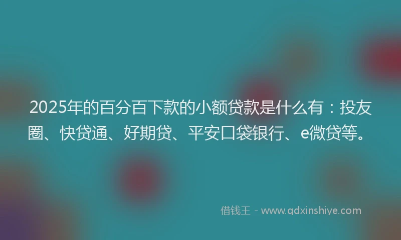 2025年的百分百下款的小额贷款是什么有：投友圈、快贷通、好期贷、平安口袋银行、e微贷等。