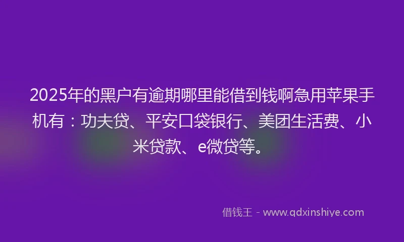 2025年的黑户有逾期哪里能借到钱啊急用苹果手机有：功夫贷、平安口袋银行、美团生活费、小米贷款、e微贷等。