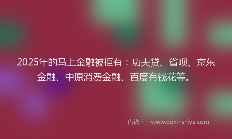 2025年的马上金融被拒有：功夫贷、省呗、京东金融、中原消费金融、百度有钱花等。
