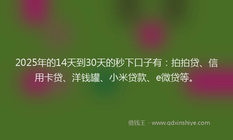 2025年的14天到30天的秒下口子有：拍拍贷、信用卡贷、洋钱罐、小米贷款、e微贷等。