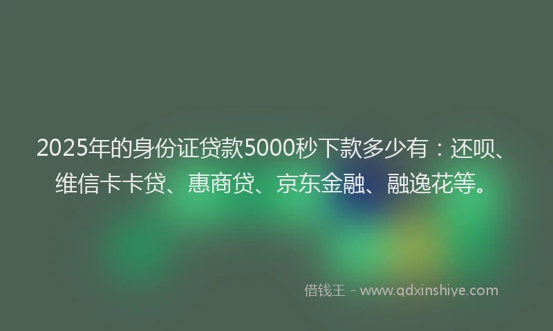 2025年的身份证贷款5000秒下款多少有：还呗、维信卡卡贷、惠商贷、京东金融、融逸花等。
