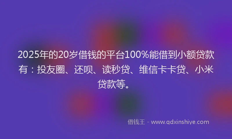 2025年的20岁借钱的平台100%能借到小额贷款有：投友圈、还呗、读秒贷、维信卡卡贷、小米贷款等。