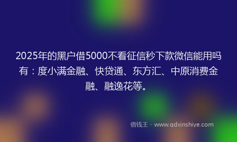 2025年的黑户借5000不看征信秒下款微信能用吗有：度小满金融、快贷通、东方汇、中原消费金融、融逸花等。