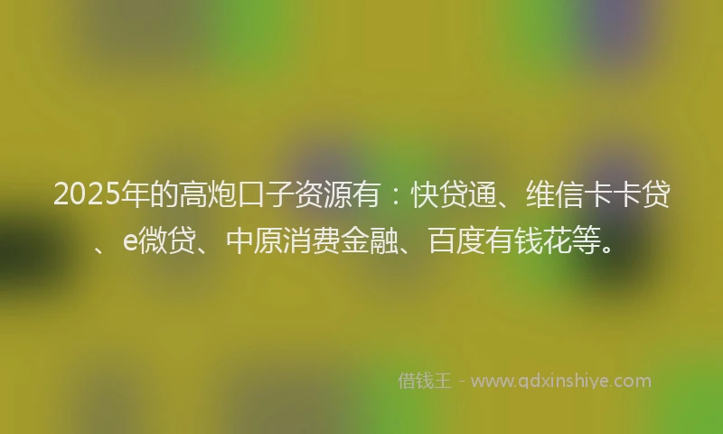 2025年的高炮口子资源有：快贷通、维信卡卡贷、e微贷、中原消费金融、百度有钱花等。