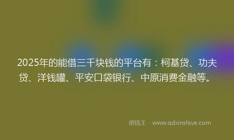 2025年的能借三千块钱的平台有：柯基贷、功夫贷、洋钱罐、平安口袋银行、中原消费金融等。