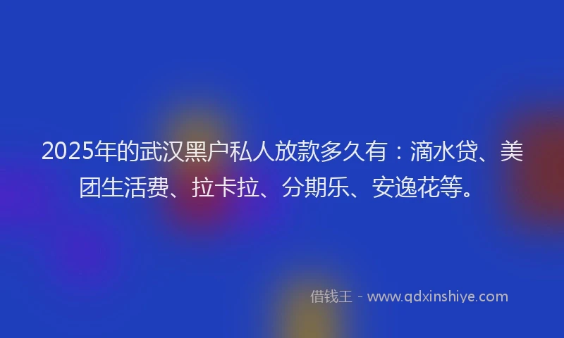 2025年的武汉黑户私人放款多久有：滴水贷、美团生活费、拉卡拉、分期乐、安逸花等。