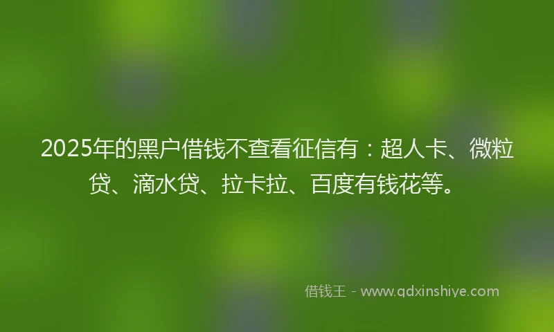 2025年的黑户借钱不查看征信有：超人卡、微粒贷、滴水贷、拉卡拉、百度有钱花等。
