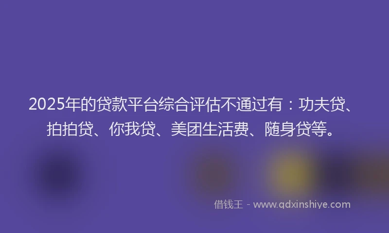 2025年的贷款平台综合评估不通过有：功夫贷、拍拍贷、你我贷、美团生活费、随身贷等。