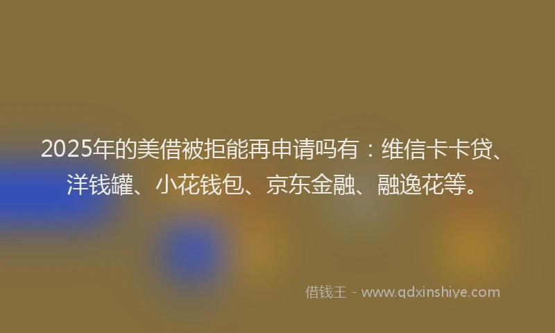 2025年的美借被拒能再申请吗有：维信卡卡贷、洋钱罐、小花钱包、京东金融、融逸花等。