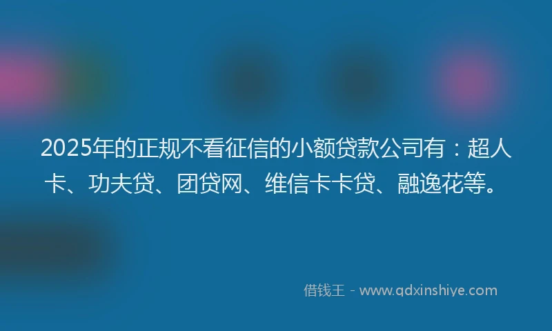 2025年的正规不看征信的小额贷款公司有：超人卡、功夫贷、团贷网、维信卡卡贷、融逸花等。