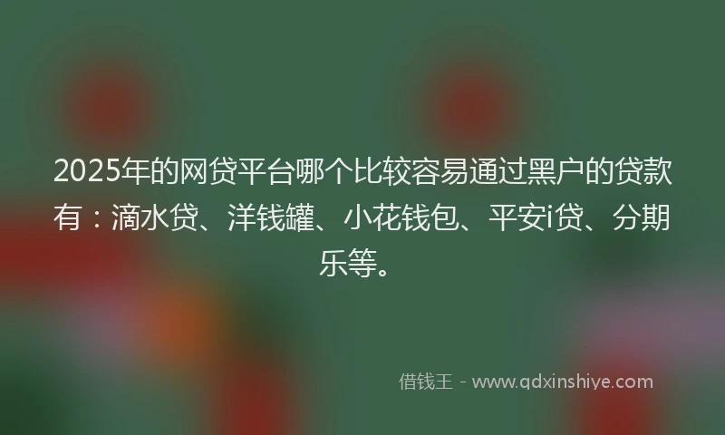 2025年的网贷平台哪个比较容易通过黑户的贷款有：滴水贷、洋钱罐、小花钱包、平安i贷、分期乐等。