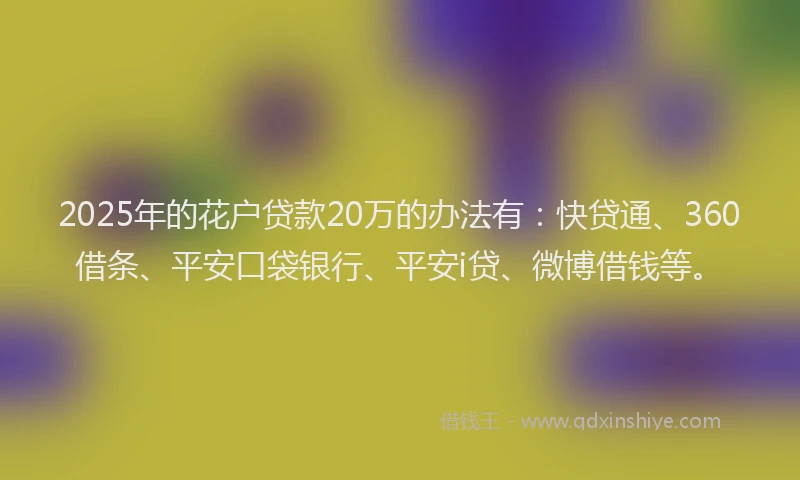 2025年的花户贷款20万的办法有：快贷通、360借条、平安口袋银行、平安i贷、微博借钱等。