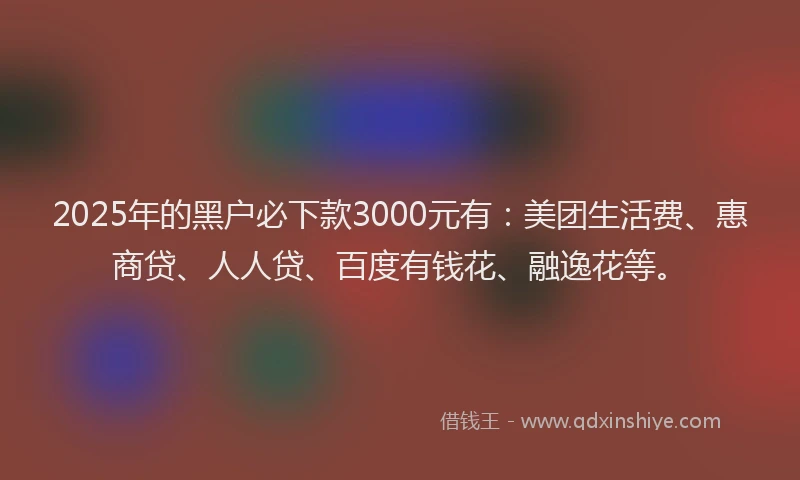 2025年的黑户必下款3000元有：美团生活费、惠商贷、人人贷、百度有钱花、融逸花等。