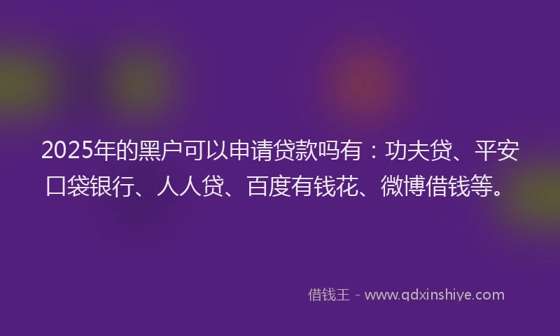 2025年的黑户可以申请贷款吗有：功夫贷、平安口袋银行、人人贷、百度有钱花、微博借钱等。