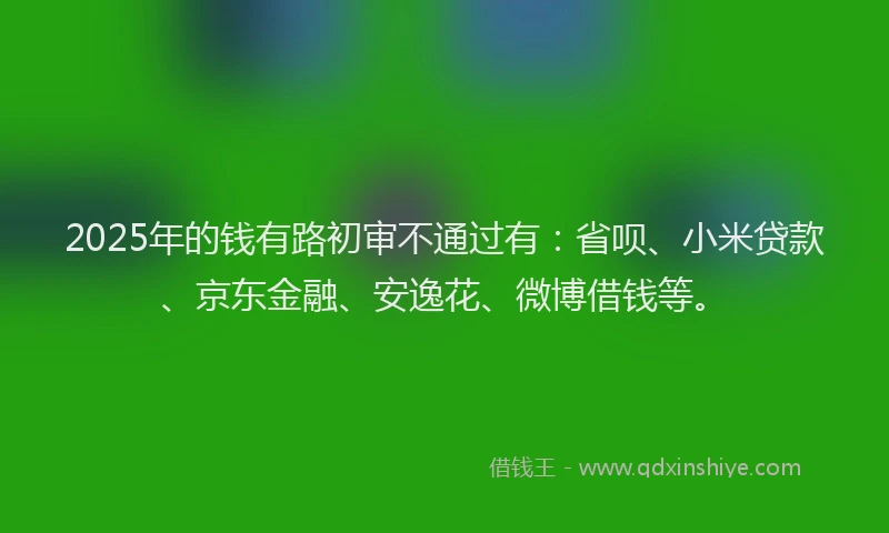2025年的钱有路初审不通过有：省呗、小米贷款、京东金融、安逸花、微博借钱等。