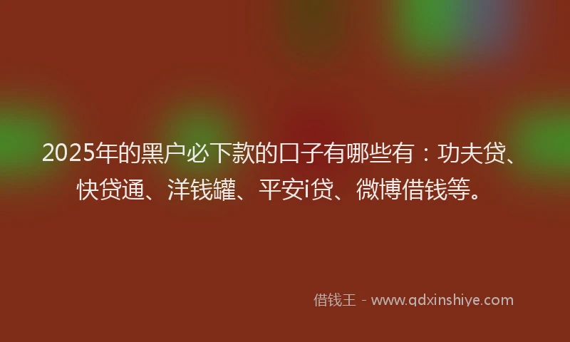 2025年的黑户必下款的口子有哪些有：功夫贷、快贷通、洋钱罐、平安i贷、微博借钱等。