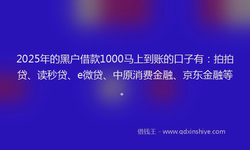 2025年的黑户借款1000马上到账的口子有：拍拍贷、读秒贷、e微贷、中原消费金融、京东金融等。