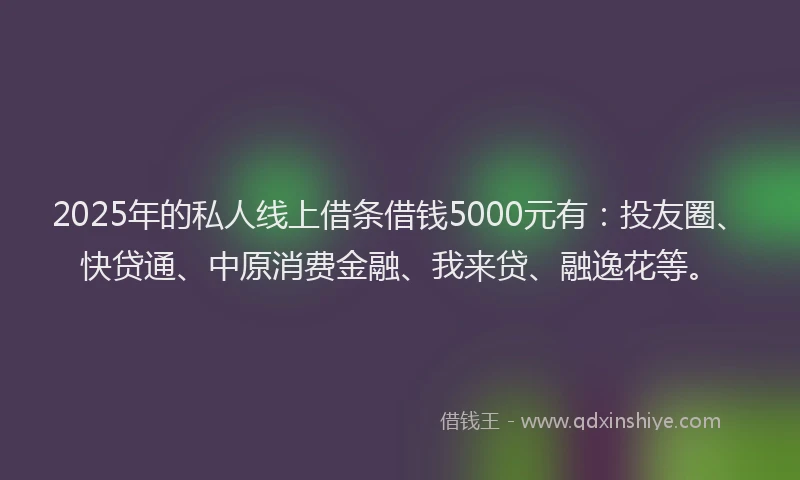 2025年的私人线上借条借钱5000元有：投友圈、快贷通、中原消费金融、我来贷、融逸花等。