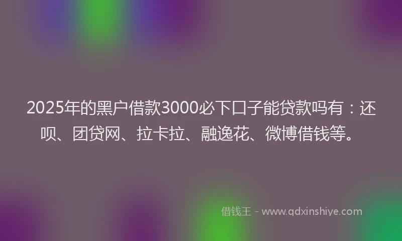 2025年的黑户借款3000必下口子能贷款吗有：还呗、团贷网、拉卡拉、融逸花、微博借钱等。