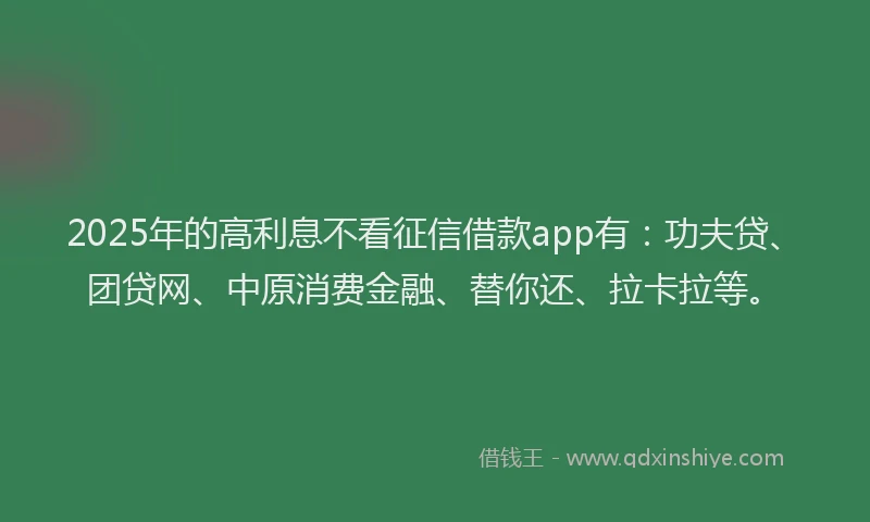 2025年的高利息不看征信借款app有：功夫贷、团贷网、中原消费金融、替你还、拉卡拉等。