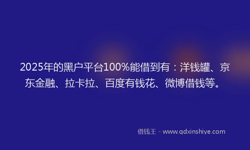 2025年的黑户平台100%能借到有：洋钱罐、京东金融、拉卡拉、百度有钱花、微博借钱等。