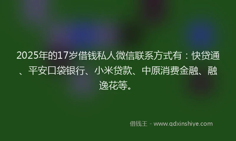 2025年的17岁借钱私人微信联系方式有：快贷通、平安口袋银行、小米贷款、中原消费金融、融逸花等。