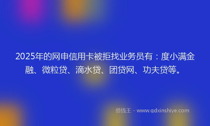 2025年的网申信用卡被拒找业务员有：度小满金融、微粒贷、滴水贷、团贷网、功夫贷等。