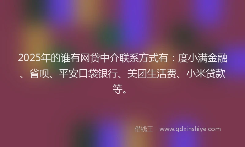 2025年的谁有网贷中介联系方式有：度小满金融、省呗、平安口袋银行、美团生活费、小米贷款等。