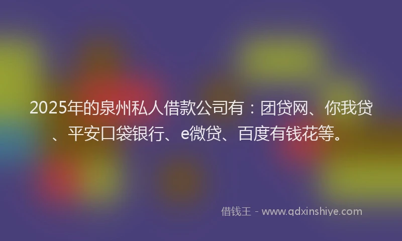 2025年的泉州私人借款公司有：团贷网、你我贷、平安口袋银行、e微贷、百度有钱花等。