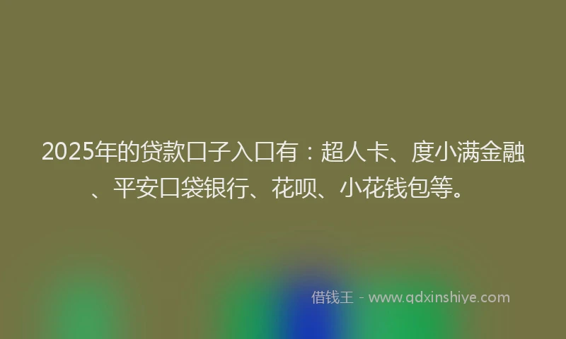 2025年的贷款口子入口有：超人卡、度小满金融、平安口袋银行、花呗、小花钱包等。