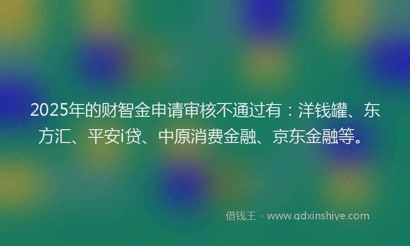 2025年的财智金申请审核不通过有：洋钱罐、东方汇、平安i贷、中原消费金融、京东金融等。