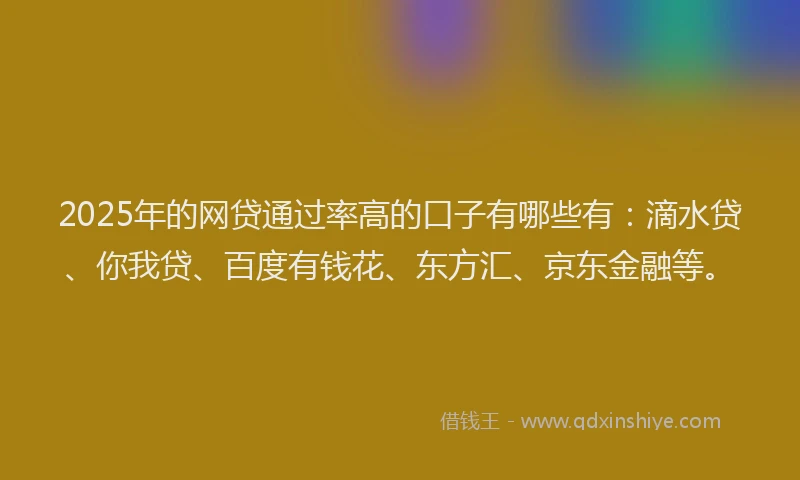 2025年的网贷通过率高的口子有哪些有：滴水贷、你我贷、百度有钱花、东方汇、京东金融等。