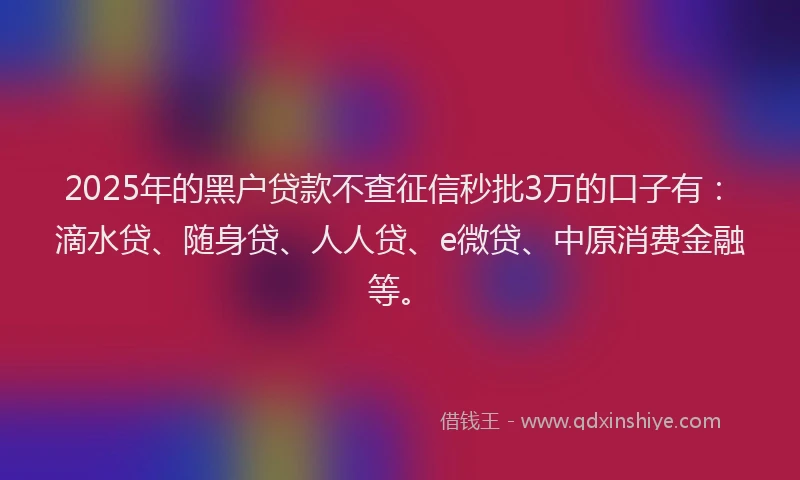 2025年的黑户贷款不查征信秒批3万的口子有：滴水贷、随身贷、人人贷、e微贷、中原消费金融等。