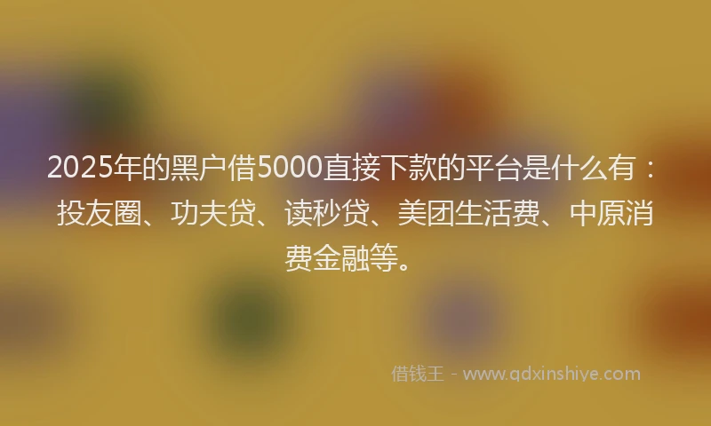2025年的黑户借5000直接下款的平台是什么有：投友圈、功夫贷、读秒贷、美团生活费、中原消费金融等。