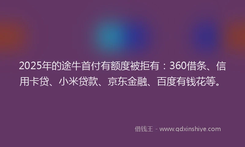 2025年的途牛首付有额度被拒有：360借条、信用卡贷、小米贷款、京东金融、百度有钱花等。