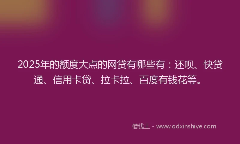 2025年的额度大点的网贷有哪些有：还呗、快贷通、信用卡贷、拉卡拉、百度有钱花等。